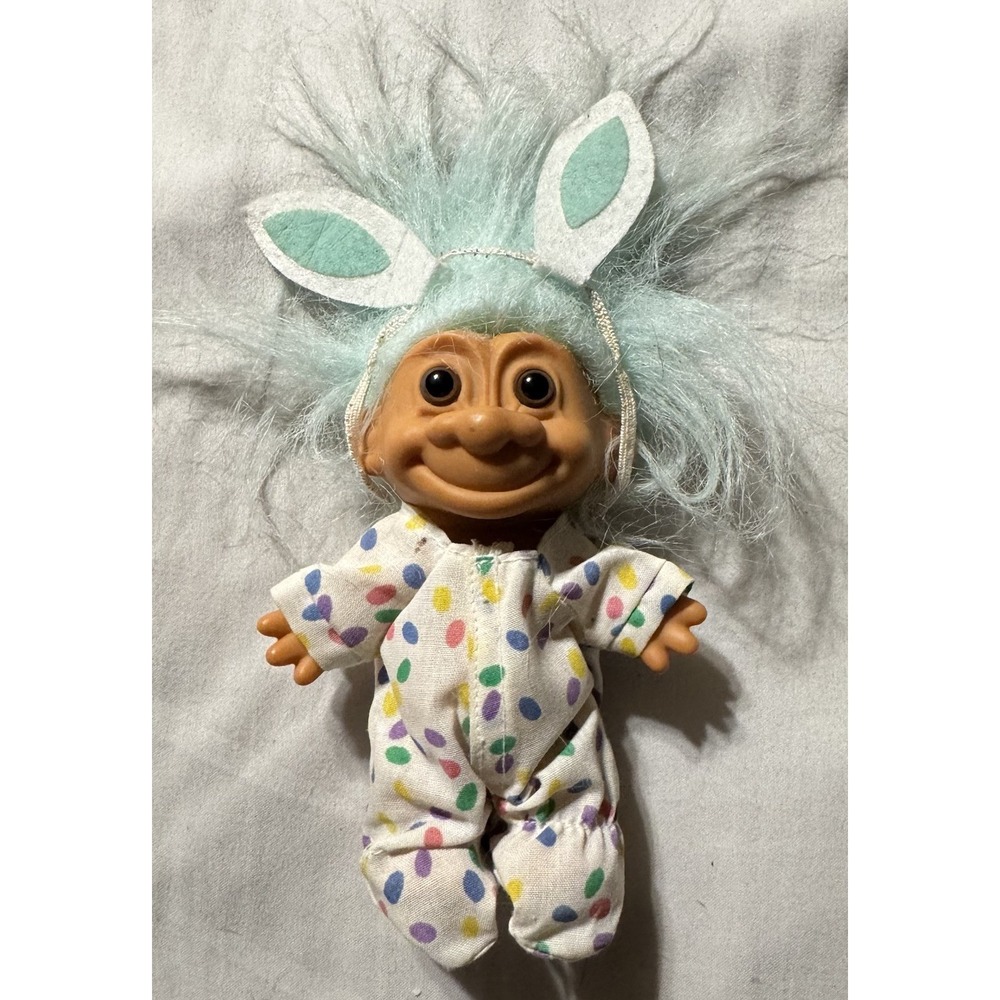 Troll Doll Vintage Russ 5" Bunny Egg Sleeper Jumper Light Blue Hair‎ Ears